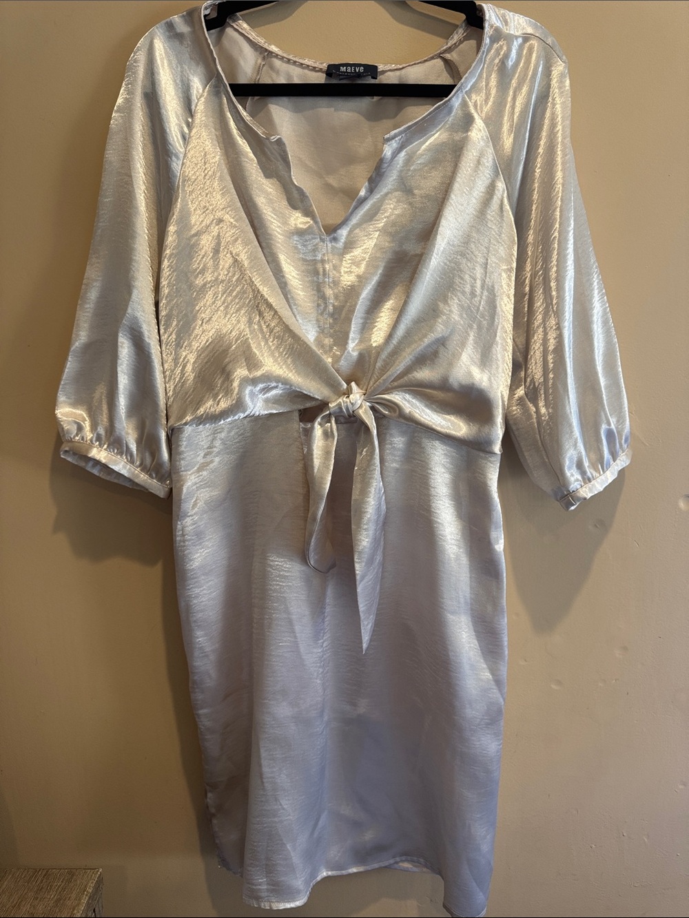 Maeve by Anthropologie Front-Tie Satin Mini Dress in Champagne / Soft Silver
